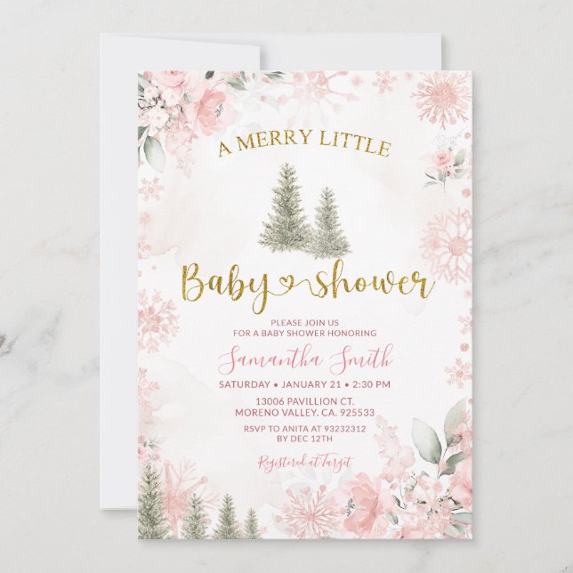 Pink Winter Christmas A Merry Little Baby Shower Invitation (Front)