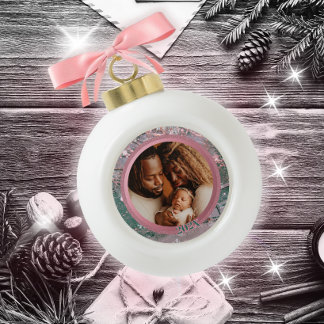 Pink Winter Christmas Family Photo Ceramic Ball Christmas Ornament