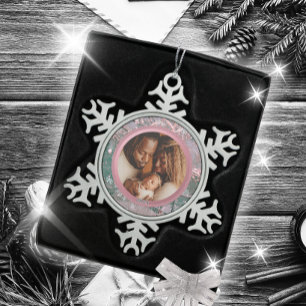 Pink Winter Christmas Family Photo Snowflake Pewter Christmas Ornament