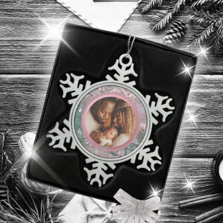 Pink Winter Christmas Family Photo Snowflake Pewter Christmas Ornament