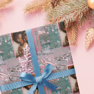 Pink Winter Christmas Family Photo Wrapping Paper