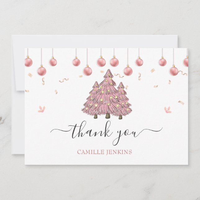 Pink Winter Christmas Girl Baby Shower Thank You Card (Front)