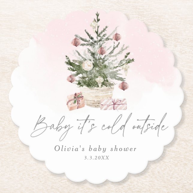 Pink winter Christmas tree baby shower Paper Coaster (Front)