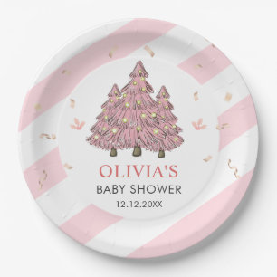 Pink Winter Christmas Tree Santa Baby Shower Paper Plate