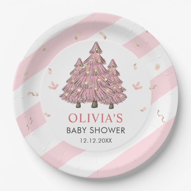 Pink Winter Christmas Tree Santa Baby Shower Paper Plate (Front)