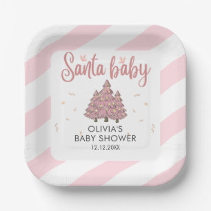 Pink Winter Christmas Tree Santa Baby Shower Paper Plate