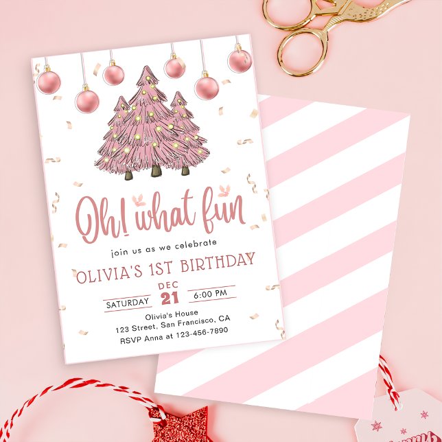 Pink Winter Christmas Trees Birthday Party Invitation (Creator Uploaded)