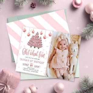 Pink Winter Christmas Trees Birthday Party Photo Invitation