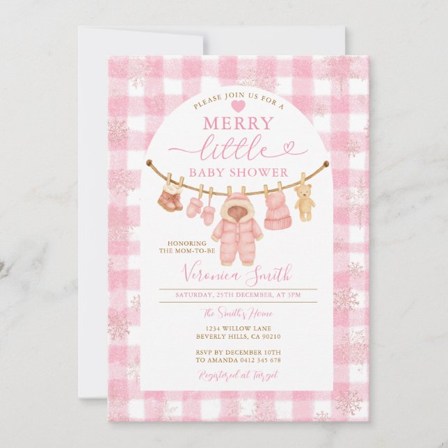 Pink Winter Clothesline Merry Little Baby Shower Invitation (Front)