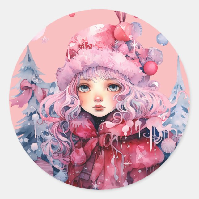 Pink Winter Coat Cute Big Eye Girl Christmas Classic Round Sticker (Front)