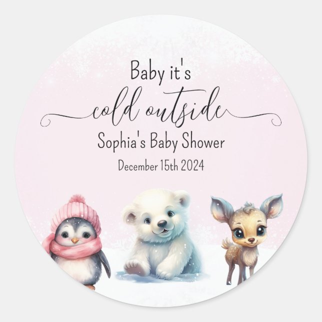 Pink Winter Cold Outside Girl Baby Shower Classic Round Sticker (Front)