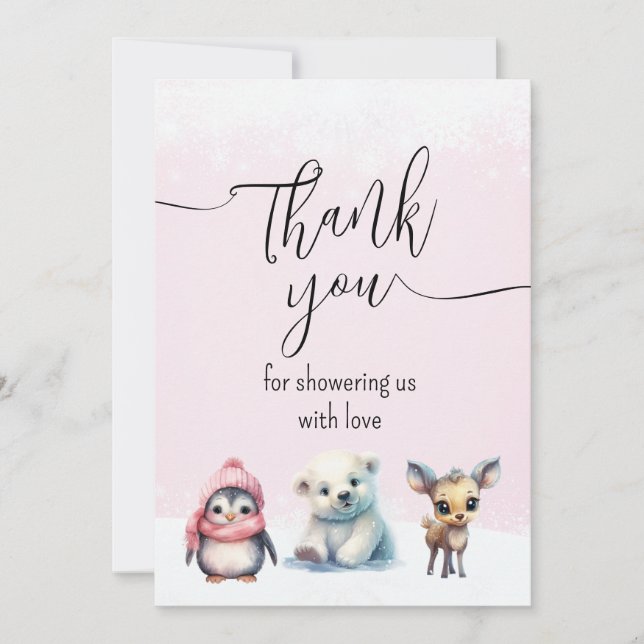 Pink Winter Cold Outside Girl Baby Shower Thank You Card (Front)