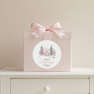 Pink Winter Cottage Christmas Classic Round Sticker