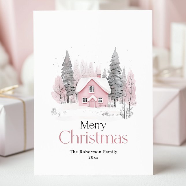 Pink Winter Cottage Christmas Holiday Postcard (Creator Uploaded)