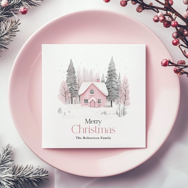 Pink Winter Cottage Christmas Napkin (Creator Uploaded)