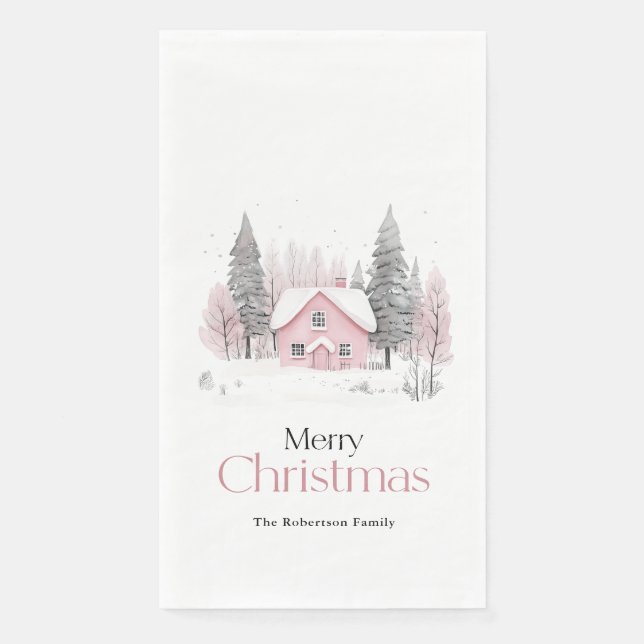Pink Winter Cottage Christmas Napkin (Front)