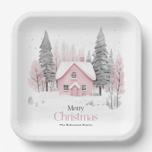 Pink Winter Cottage Christmas Paper Plate