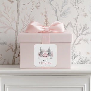 Pink Winter Cottage Christmas Square Sticker