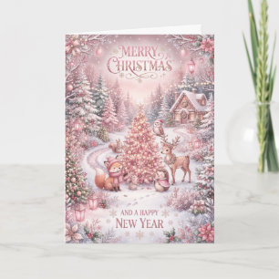 Pink Winter Cottage Deer Christmas Card