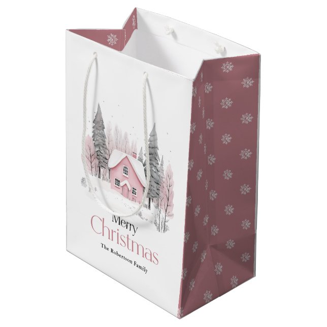 Pink Winter Cottage Medium Gift Bag (Back Angled)