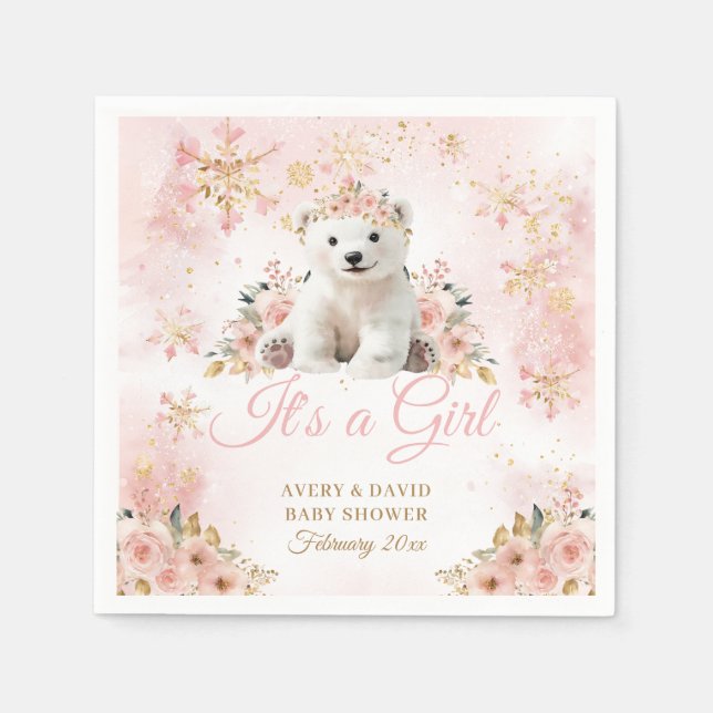 Pink Winter Cute Bear Its a Girl Baby Shower Napkin (Front)