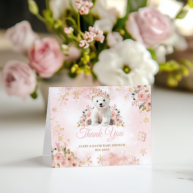Pink Winter Cute Bear Its a Girl Baby Shower Thank You Card (Creator Uploaded)