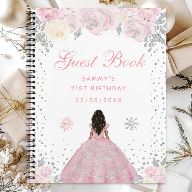 Pink Winter Dark Skin Princess Birthday Party Notebook (Creator Uploaded)