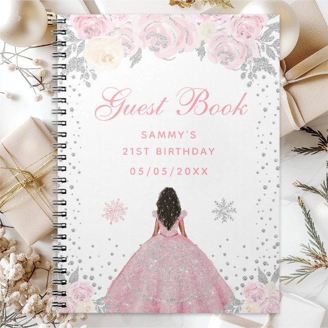 Pink Winter Dark Skin Princess Birthday Party Notebook (Creator Uploaded)