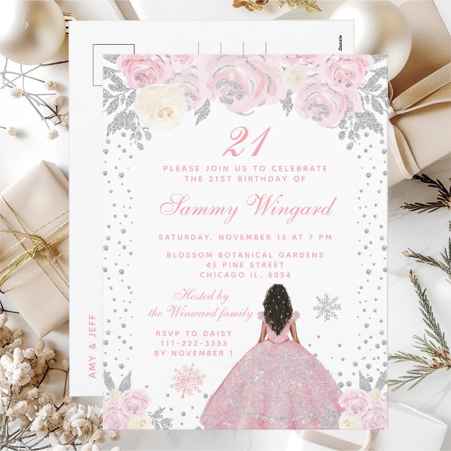 Pink Winter Dark Skin Princess Birthday Party Postcard (Creator Uploaded)