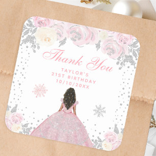 Pink Winter Dark Skin Princess Birthday Party Square Sticker