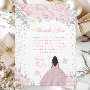 Pink Winter Dark Skin Princess Birthday Party Thank You Card