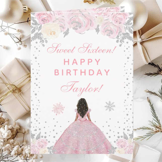 Pink Winter Dark Skin Princess Sweet Sixteen Card (Creator Uploaded)