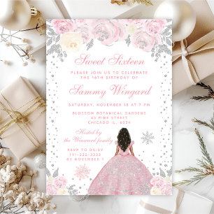 Pink Winter Dark Skin Princess Sweet Sixteen Invitation