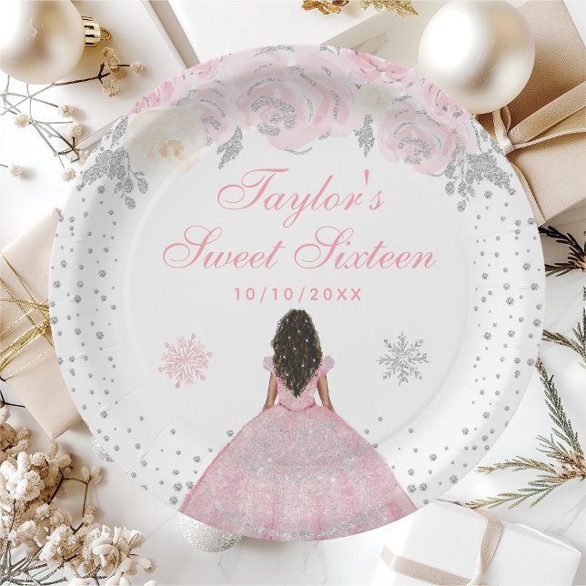 Pink Winter Dark Skin Princess Sweet Sixteen Paper Plate (Creator Uploaded)