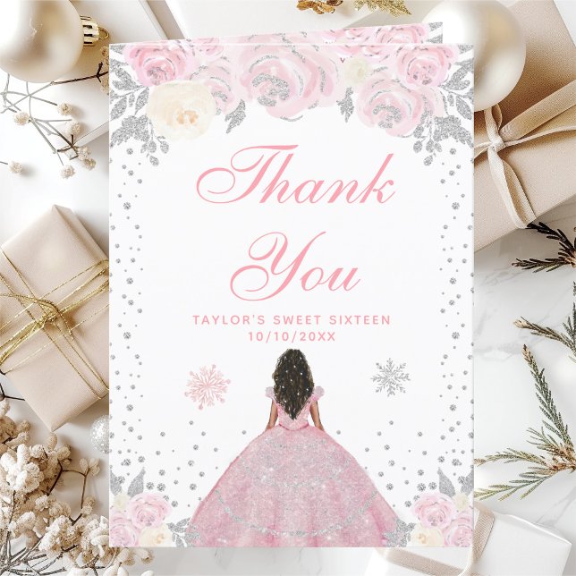 Pink Winter Dark Skin Princess Sweet Sixteen Thank You Card (Creator Uploaded)