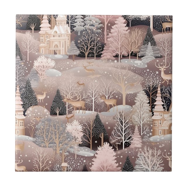 Pink Winter Deer Fantasy Castle Landscape (1) Tile (Front)