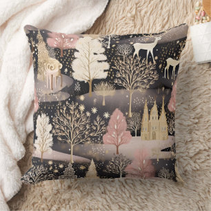 Pink Winter Deer Fantasy Castle Landscape (2) Cushion