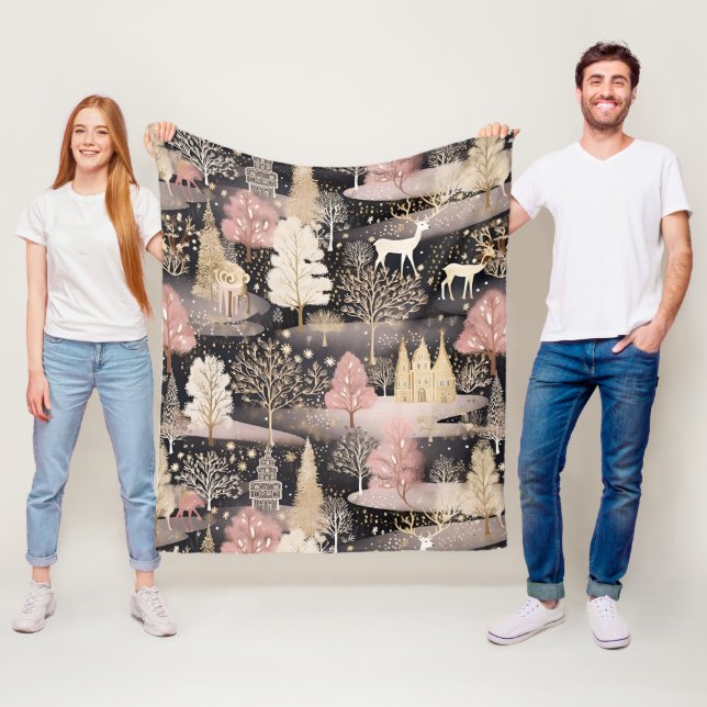 Pink Winter Deer Fantasy Castle Landscape (2) Fleece Blanket (In Situ)