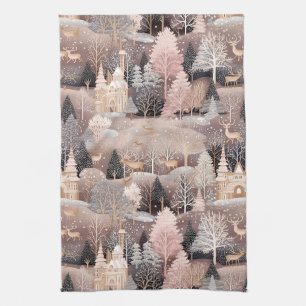 Pink Winter Deer Fantasy Castle Landscape (2) Tea Towel