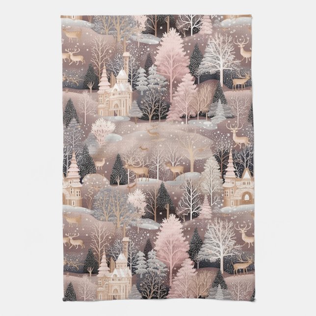 Pink Winter Deer Fantasy Castle Landscape (2) Tea Towel (Vertical)