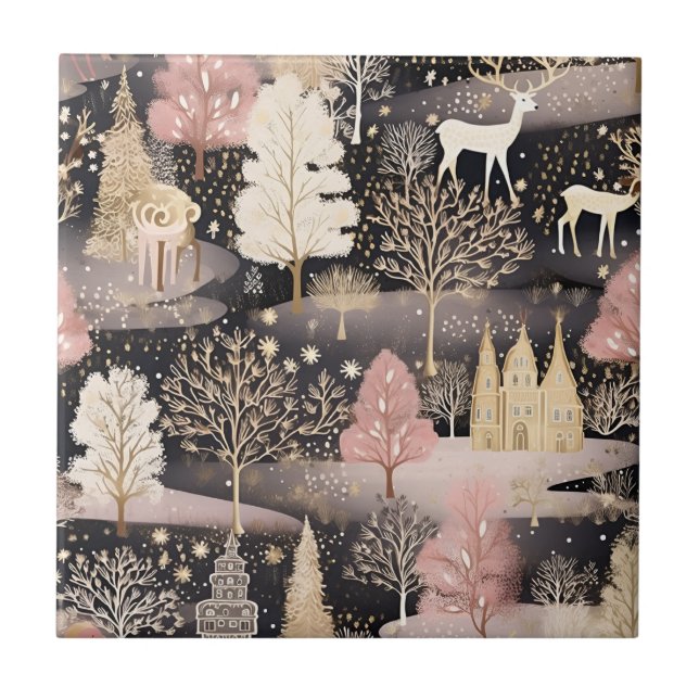 Pink Winter Deer Fantasy Castle Landscape (2) Tile (Front)