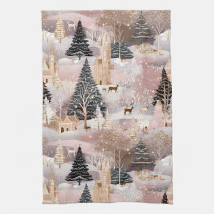 Pink Winter Deer Fantasy Castle Landscape (4) Tea Towel