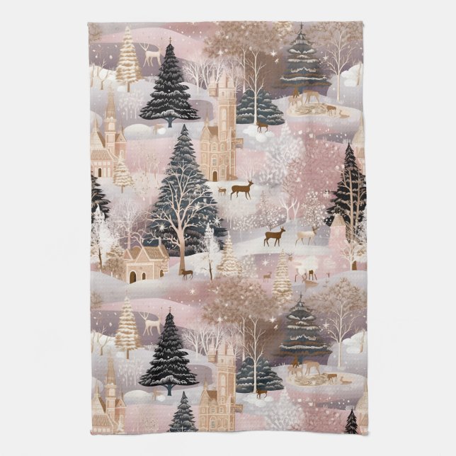 Pink Winter Deer Fantasy Castle Landscape (4) Tea Towel (Vertical)