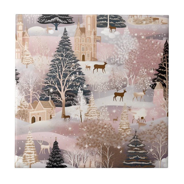 Pink Winter Deer Fantasy Castle Landscape (4) Tile (Front)