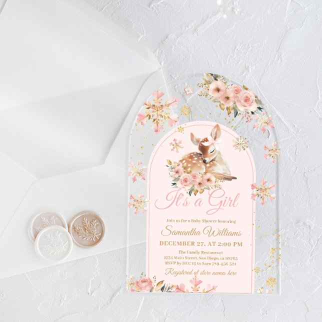 Pink Winter Deer Its a Girl Baby Shower Acrylic Invitations (Creator Uploaded)