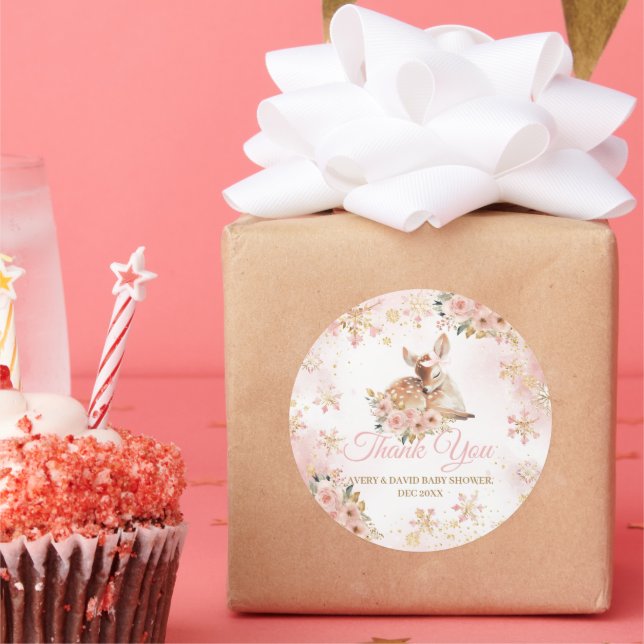 Pink Winter Deer Its a Girl Baby Shower Classic Round Sticker (Party)