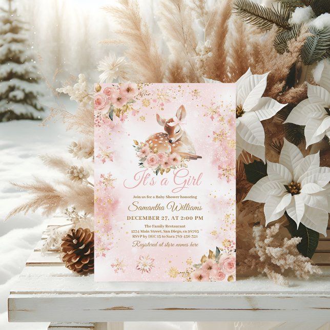 Pink Winter Deer Its a Girl Baby Shower Invitation (Creator Uploaded)