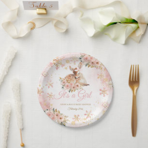 Pink Winter Deer Its a Girl Baby Shower Paper Plate