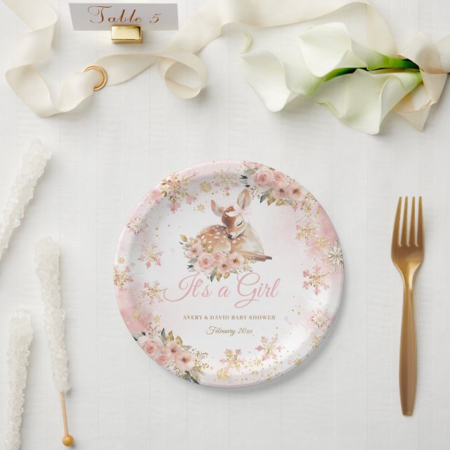 Pink Winter Deer Its a Girl Baby Shower Paper Plate (Wedding)