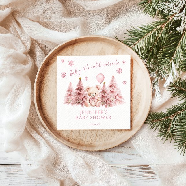 Pink Winter Festive Teddy Bear Baby Girl Shower Napkin (Creator Uploaded)